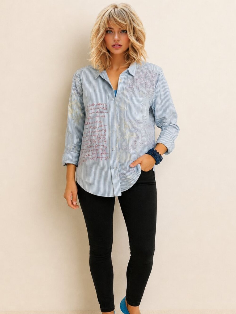 Anthropologie Pilcro Emroidered "The Cate Oxford Words" Long Sleeve Shirt NWT